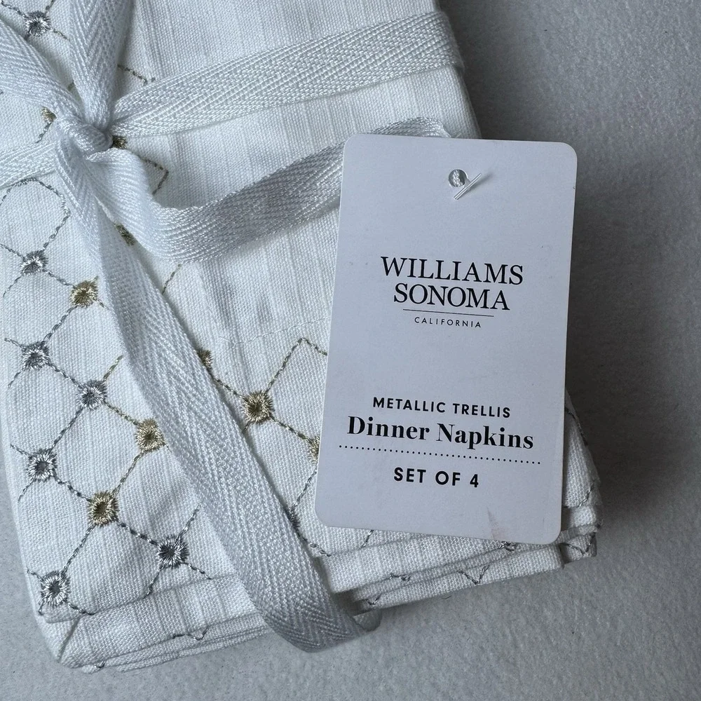 Williams Sonoma Metallic Trellis Dinner Napkins Set Of 4 Gold Silver White READ